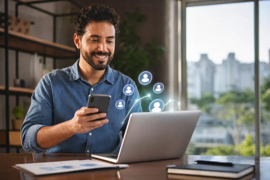 Empresária analisando oportunidades comerciais geradas pelo site de uma pequena empresa